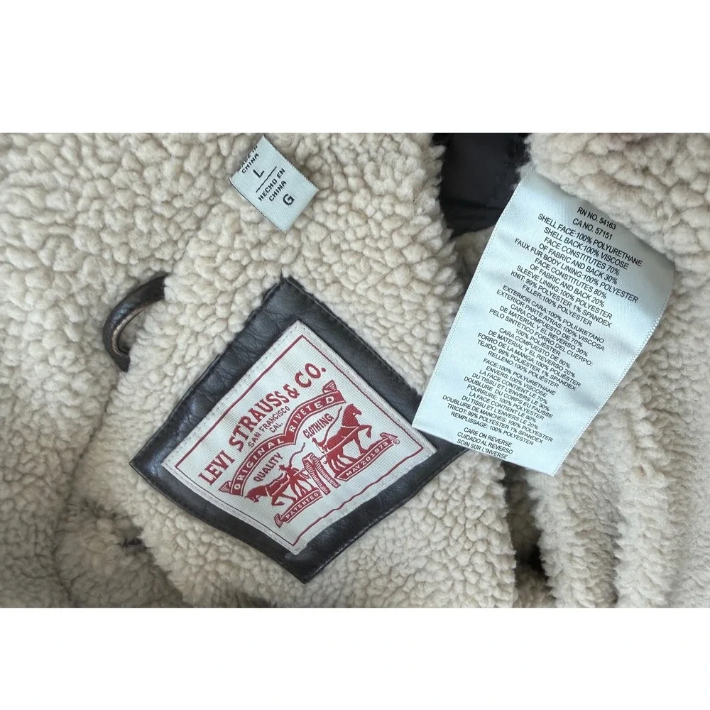 Levis Mens Faux Leather Sherpa Lined Bomber Jacket‎ Dark Brown Military Large